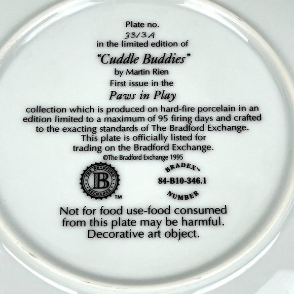 1995 Bradford Exchange Martin Rien "Cuddle Buddies" Limited Edition Plate - Picture 5 of 5